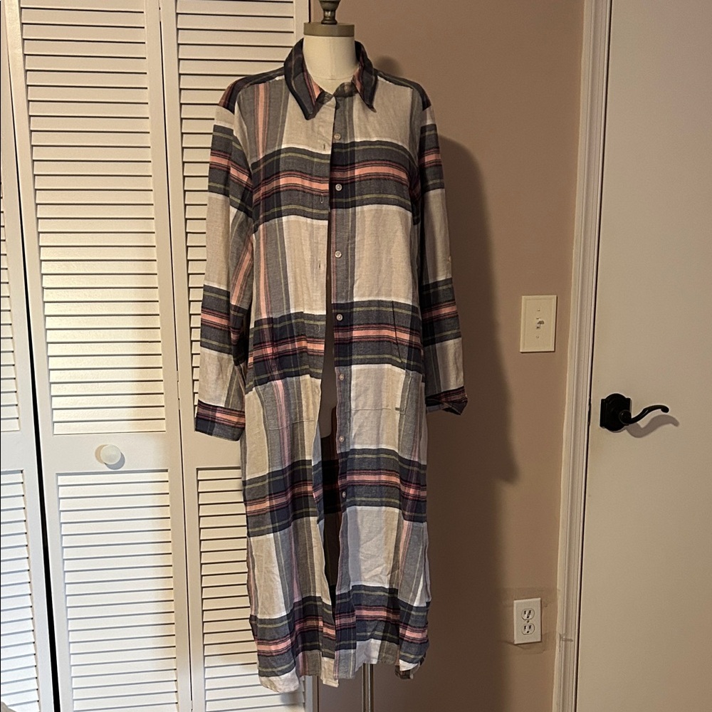 DKNY Multicolor Plaid Long Sleeve Dress flannel duster shirt dress size L